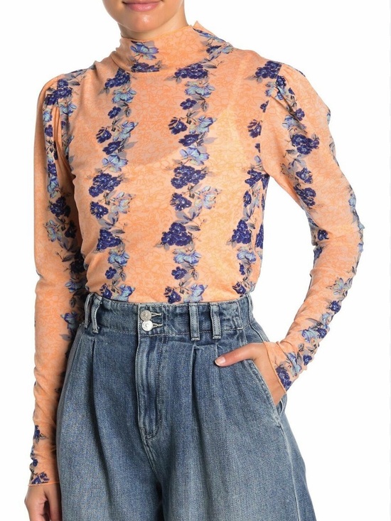 Free People Tops - Free People Peach High-Neck Floral Stripe Long Sleeve Top